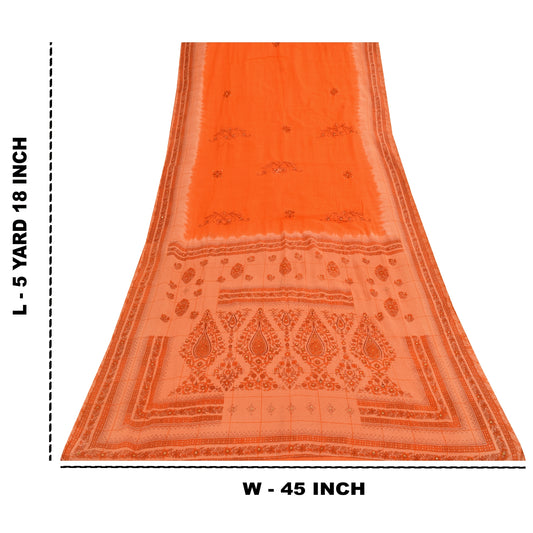 Sanskriti Vintage Orange Sarees Pure Cotton Hand Beaded Printed Fabric 5yrd Sari