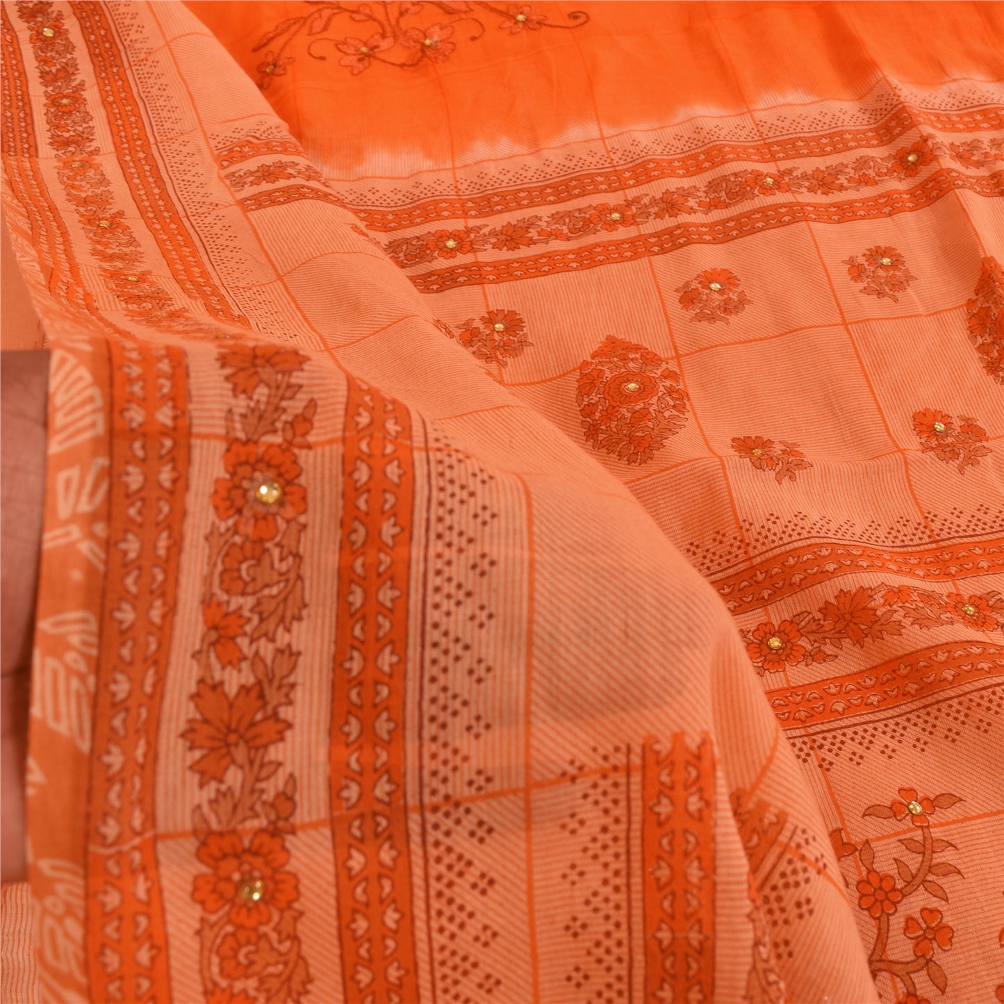 Sanskriti Vintage Orange Sarees Pure Cotton Hand Beaded Printed Fabric 5yrd Sari