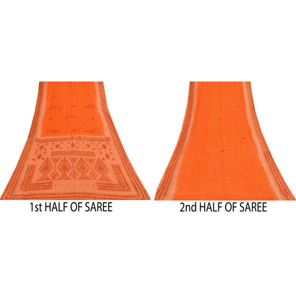 Sanskriti Vintage Orange Sarees Pure Cotton Hand Beaded Printed Fabric 5yrd Sari