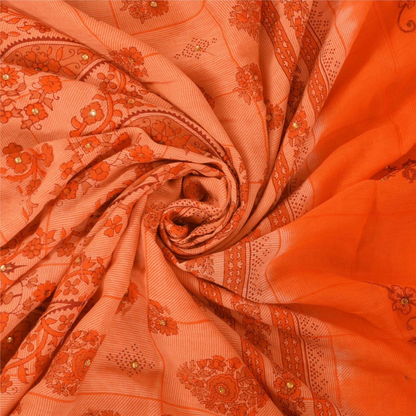Sanskriti Vintage Orange Sarees Pure Cotton Hand Beaded Printed Fabric 5yrd Sari