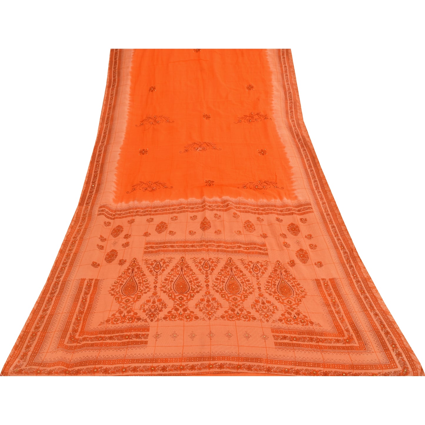 Sanskriti Vintage Orange Sarees Pure Cotton Hand Beaded Printed Fabric 5yrd Sari