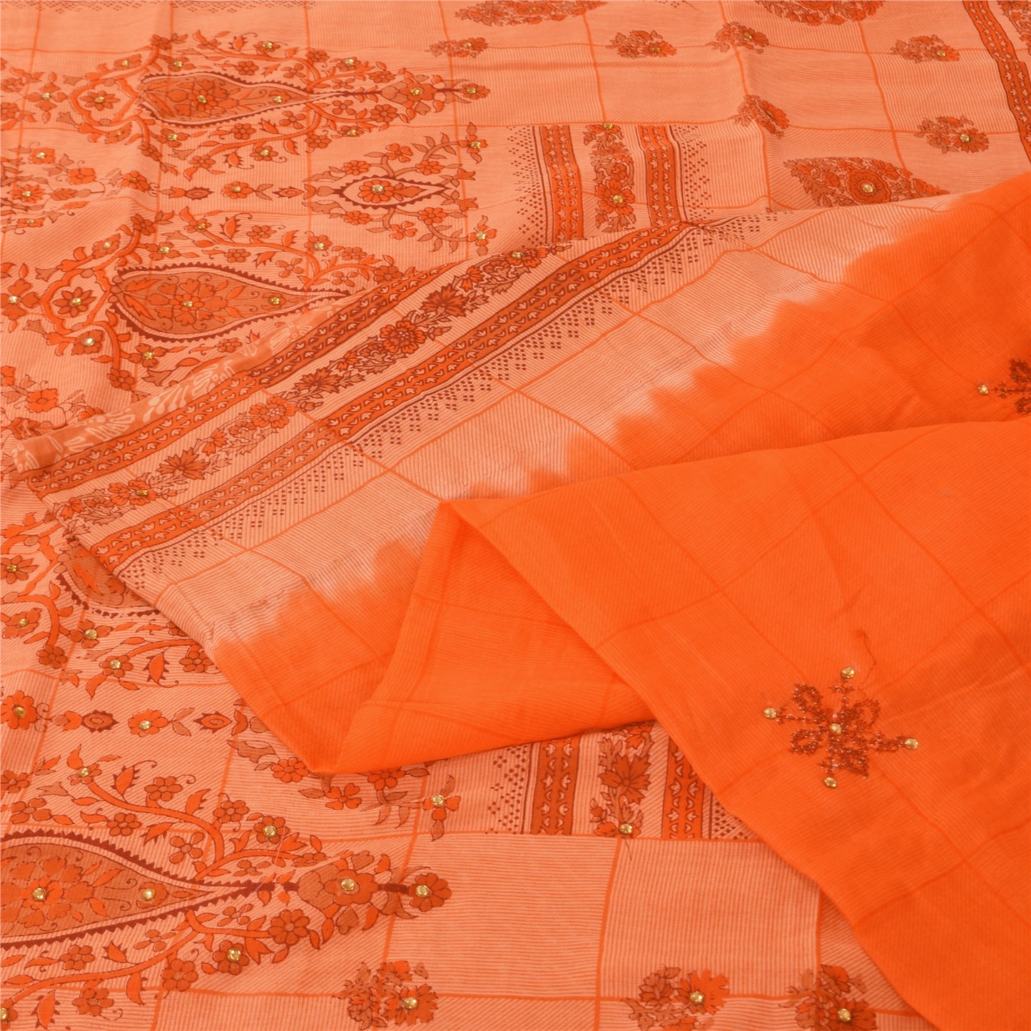 Sanskriti Vintage Orange Sarees Pure Cotton Hand Beaded Printed Fabric 5yrd Sari