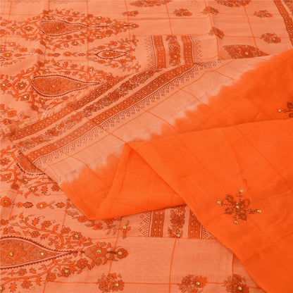 Sanskriti Vintage Orange Sarees Pure Cotton Hand Beaded Printed Fabric 5yrd Sari