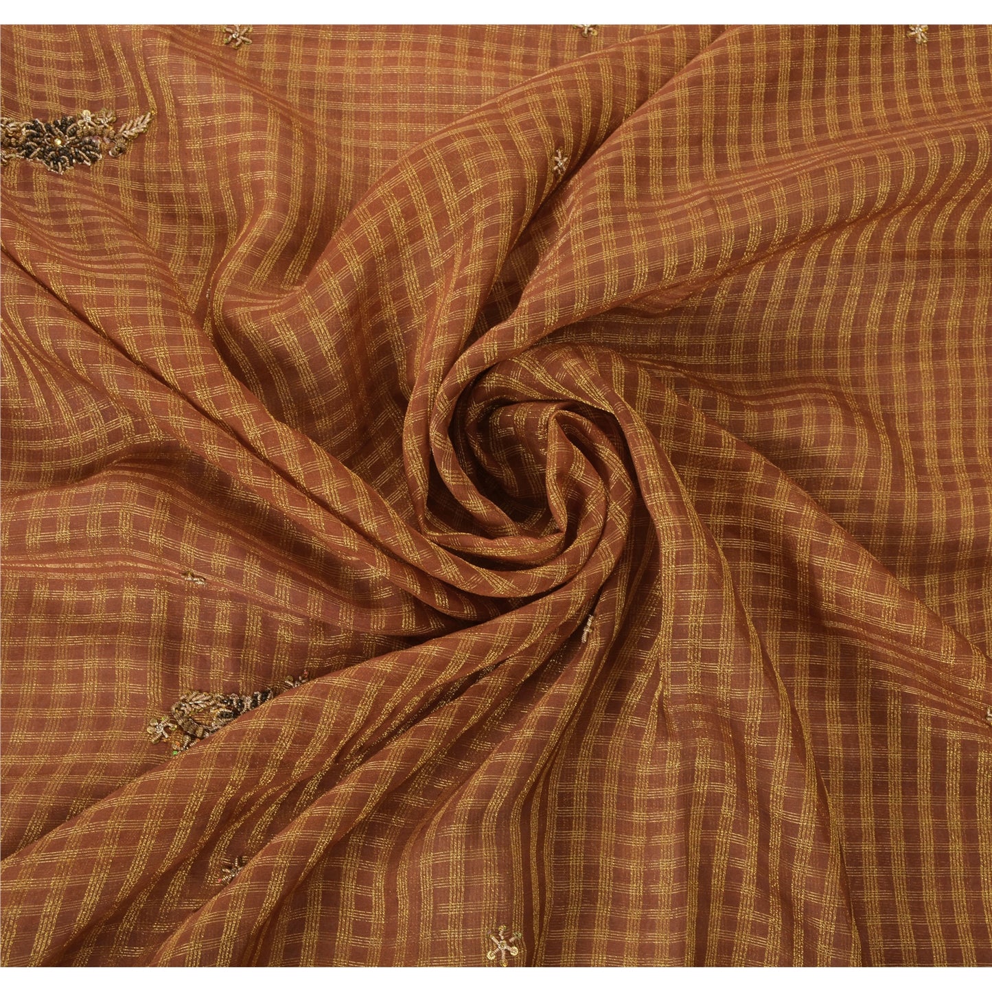 Sanskriti Vintage Brown Sarees Georgette Hand Beaded Craft Fabric Premium Sari