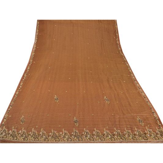 Sanskriti Vintage Brown Sarees Georgette Hand Beaded Craft Fabric Premium Sari