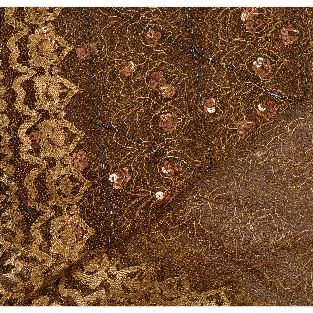 Sanskriti Vintage Sarees Net Mesh Hand Beaded Woven Brown Fabric Craft 5 YD Sari