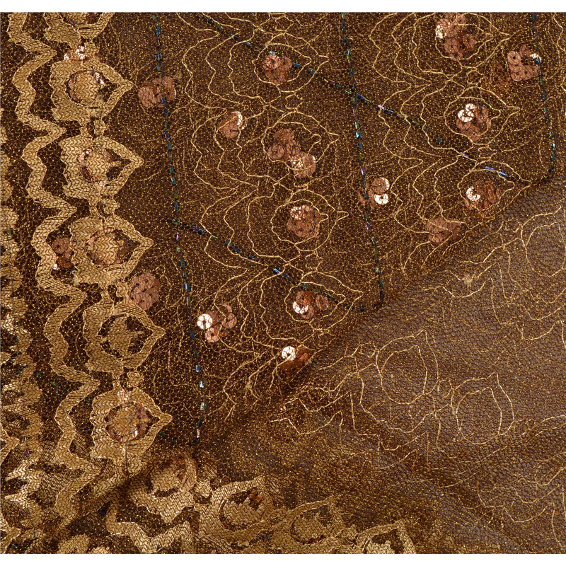 Sanskriti Vintage Sarees Net Mesh Hand Beaded Woven Brown Fabric Craft 5 YD Sari