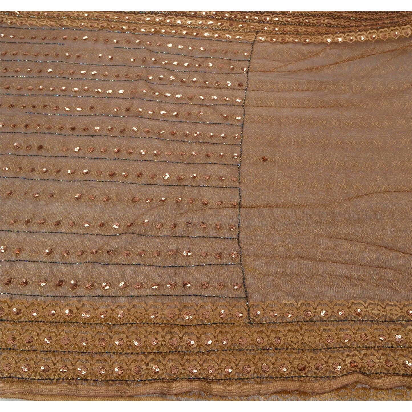 Sanskriti Vintage Sarees Net Mesh Hand Beaded Woven Brown Fabric Craft 5 YD Sari