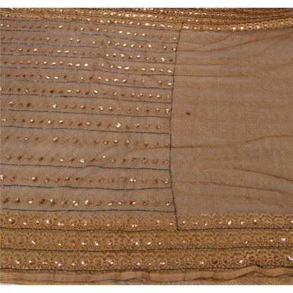 Sanskriti Vintage Sarees Net Mesh Hand Beaded Woven Brown Fabric Craft 5 YD Sari