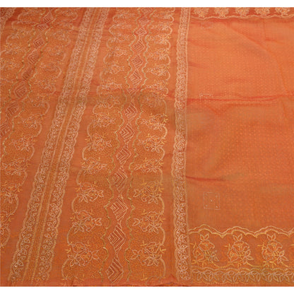 Sanskriti Vintage Orange Sarees Tissue Hand Beaded Painted Craft Fabric Sari