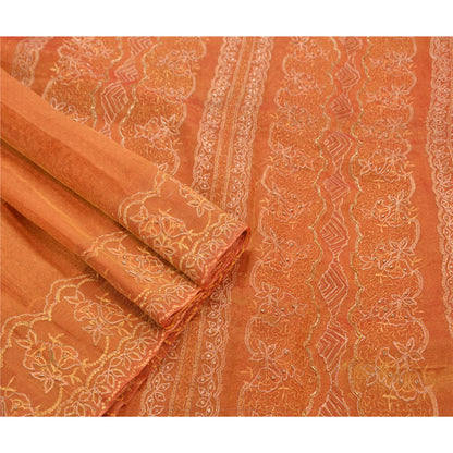 Sanskriti Vintage Orange Sarees Tissue Hand Beaded Painted Craft Fabric Sari