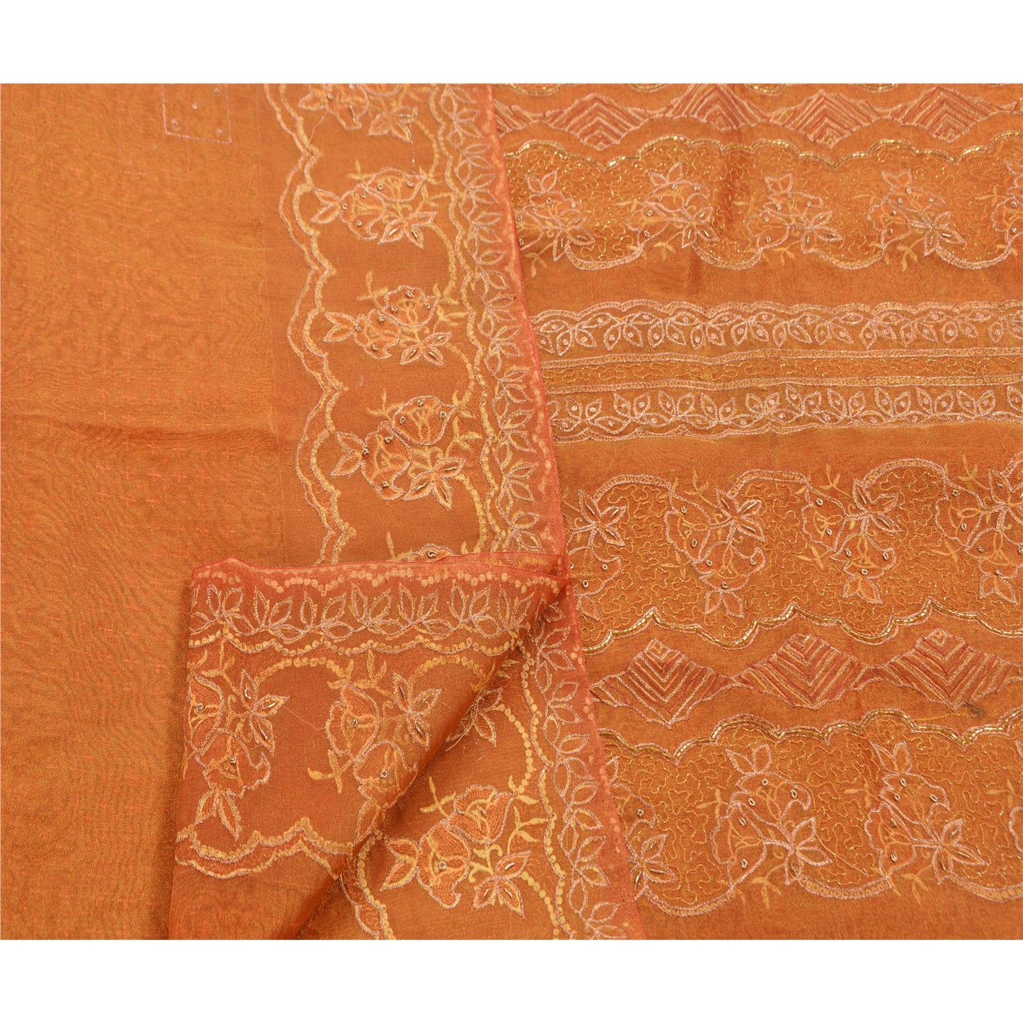 Sanskriti Vintage Orange Sarees Tissue Hand Beaded Painted Craft Fabric Sari