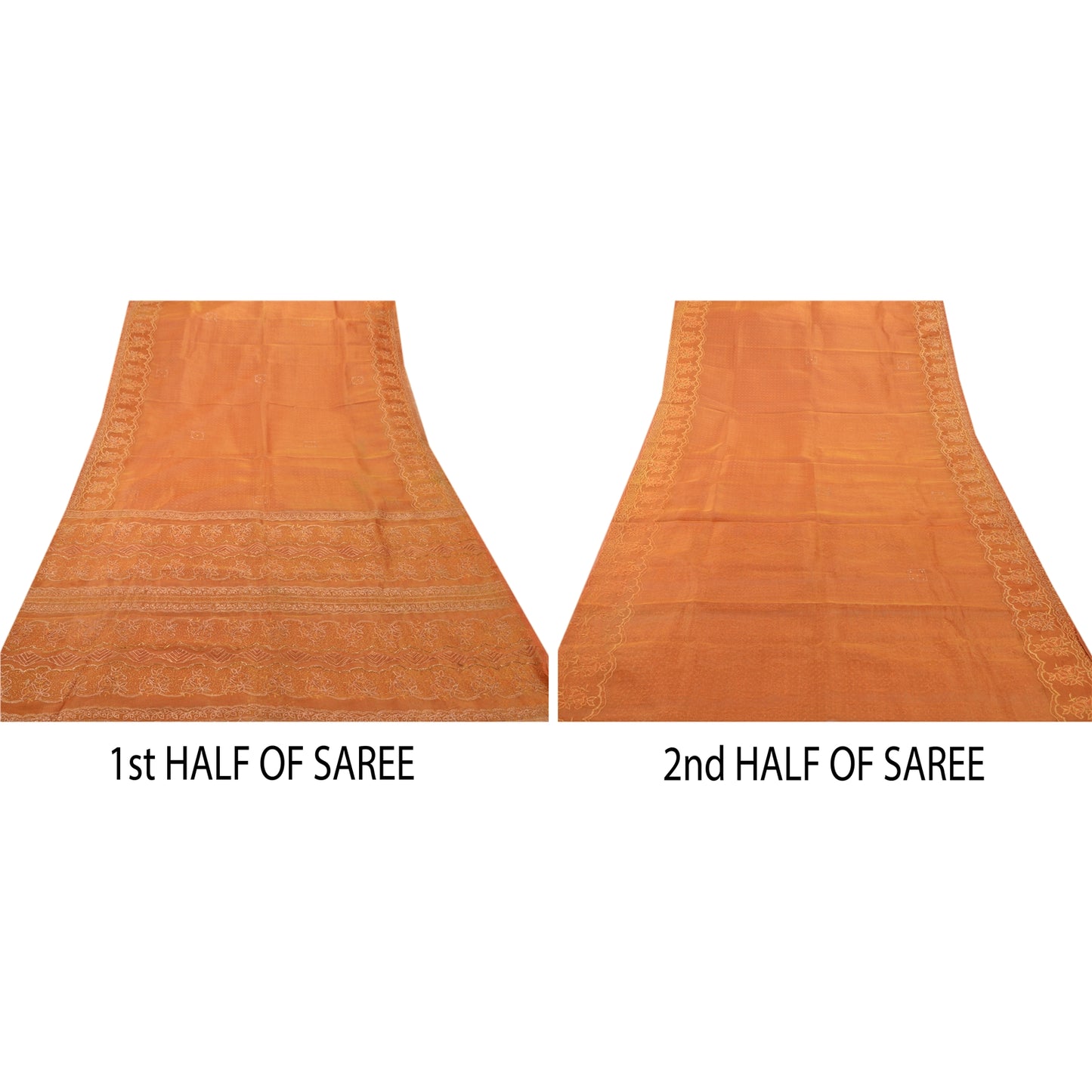 Sanskriti Vintage Orange Sarees Tissue Hand Beaded Painted Craft Fabric Sari