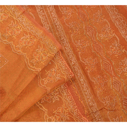 Sanskriti Vintage Orange Sarees Tissue Hand Beaded Painted Craft Fabric Sari