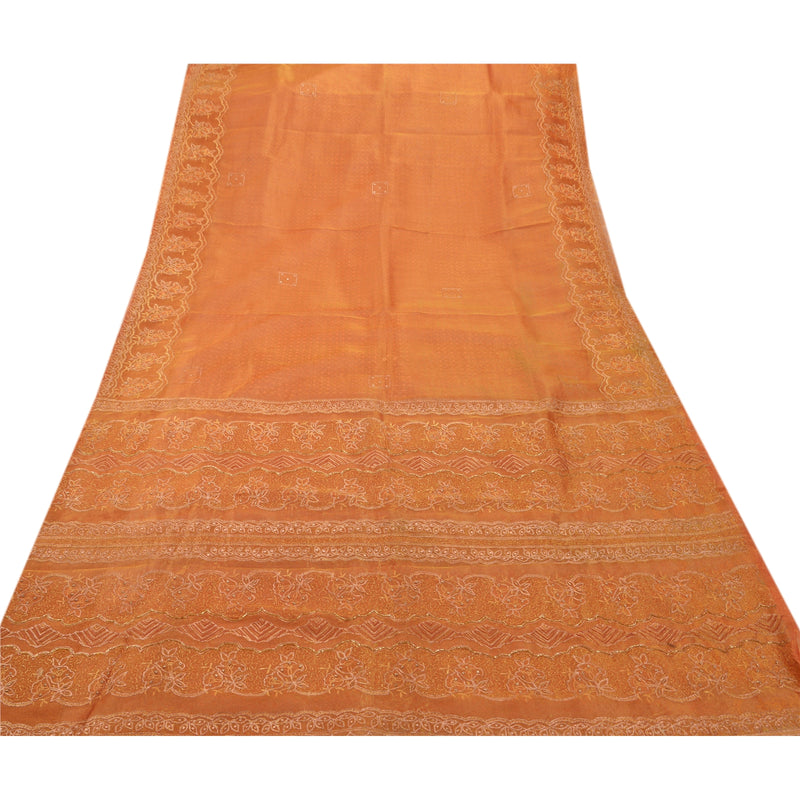 Sanskriti Vintage Orange Sarees Tissue Hand Beaded Painted Craft Fabric Sari