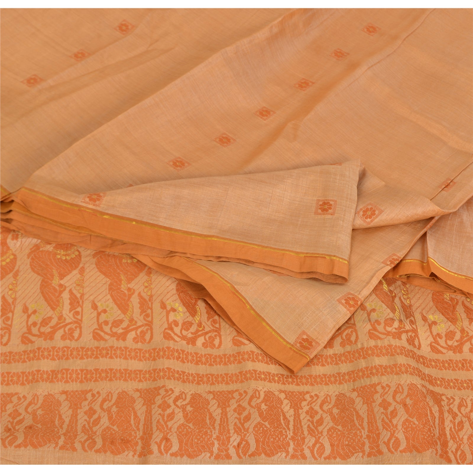 Sanskriti Vintage Peach Sarees Cotton Silk Hand Woven Baluchari Sari 5+YD Fabric