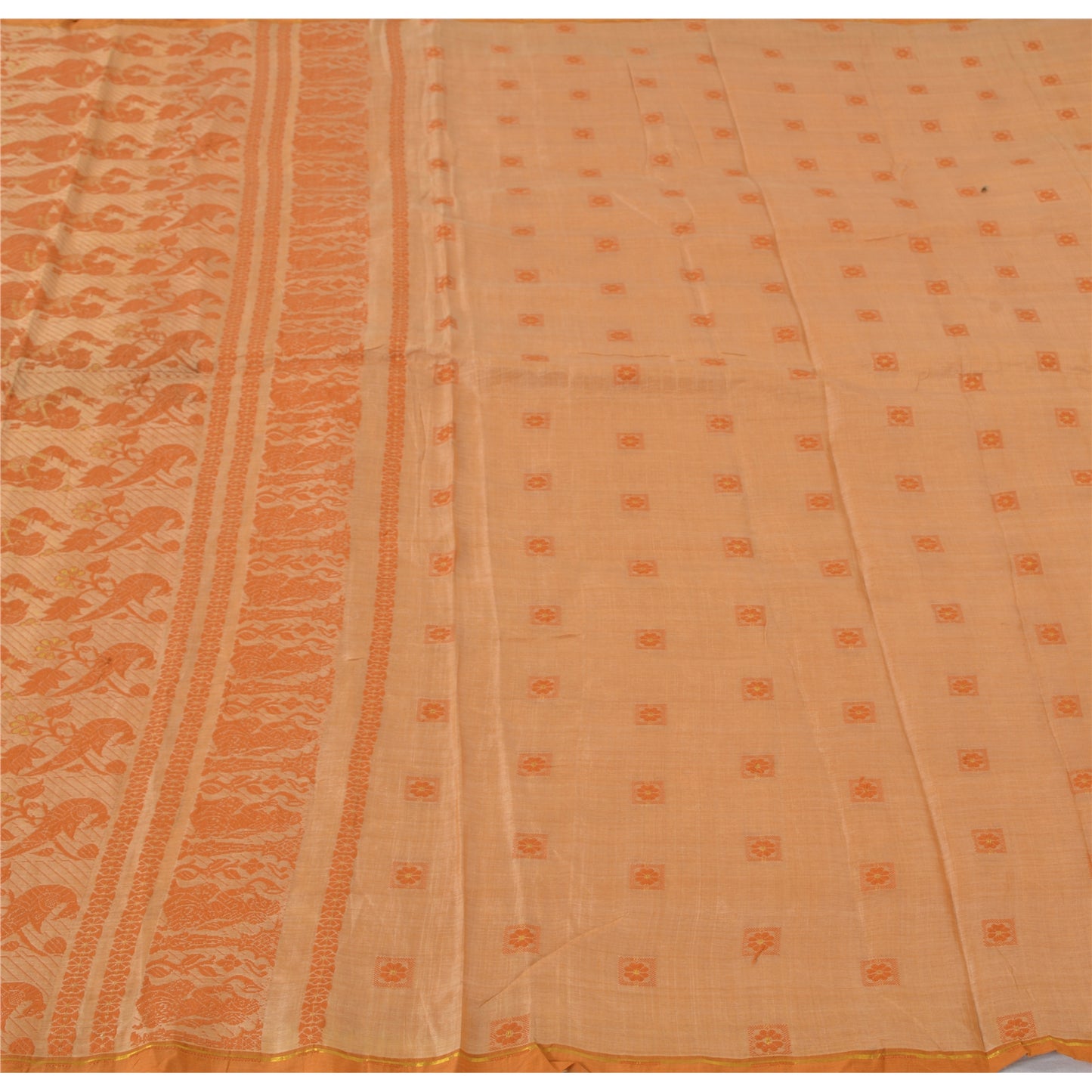Sanskriti Vintage Peach Sarees Cotton Silk Hand Woven Baluchari Sari 5+YD Fabric