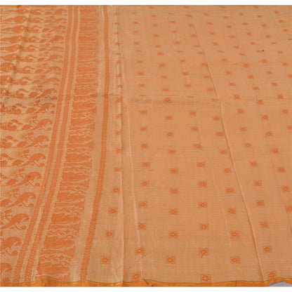 Sanskriti Vintage Peach Sarees Cotton Silk Hand Woven Baluchari Sari 5+YD Fabric