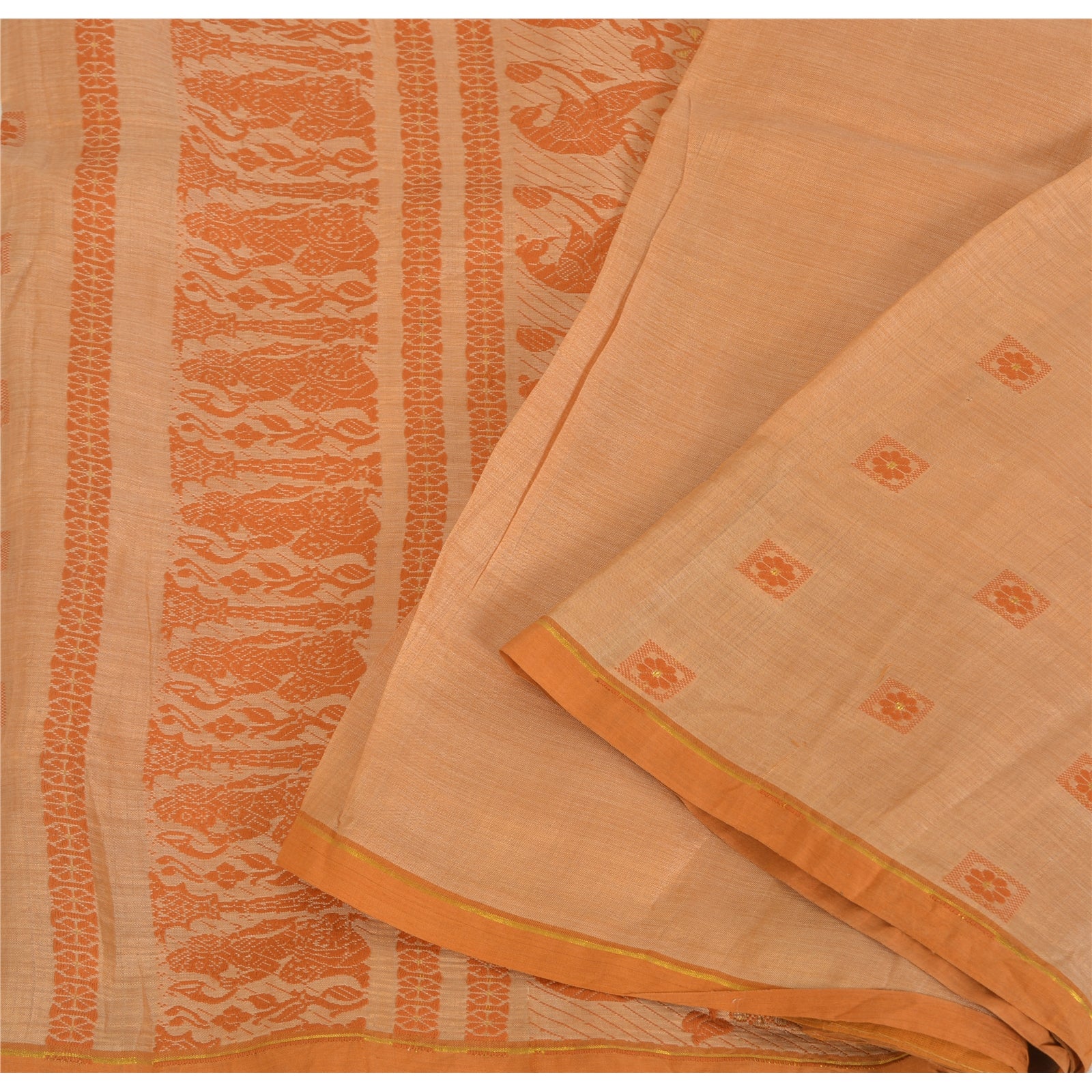 Sanskriti Vintage Peach Sarees Cotton Silk Hand Woven Baluchari Sari 5+YD Fabric