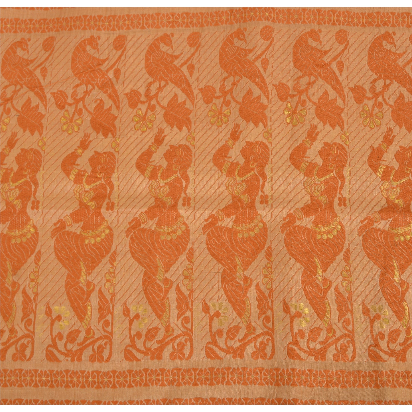 Sanskriti Vintage Peach Sarees Cotton Silk Hand Woven Baluchari Sari 5+YD Fabric