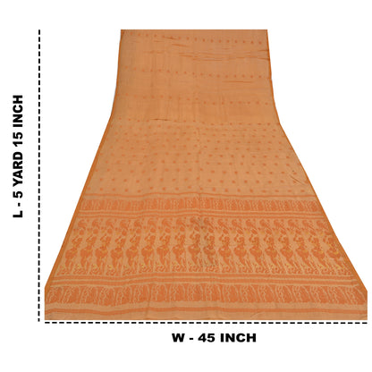 Sanskriti Vintage Peach Sarees Cotton Silk Hand Woven Baluchari Sari 5+YD Fabric