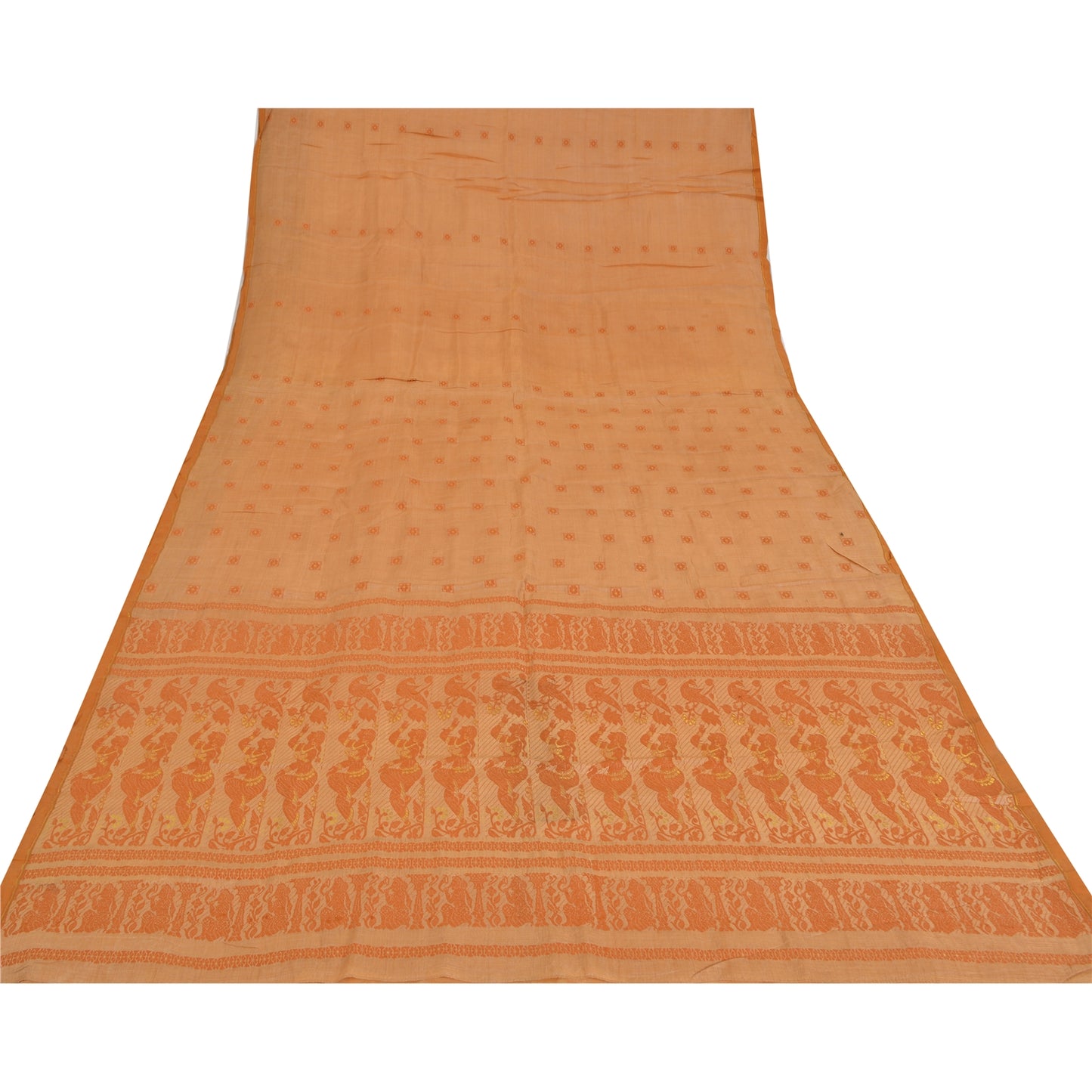 Sanskriti Vintage Peach Sarees Cotton Silk Hand Woven Baluchari Sari 5+YD Fabric