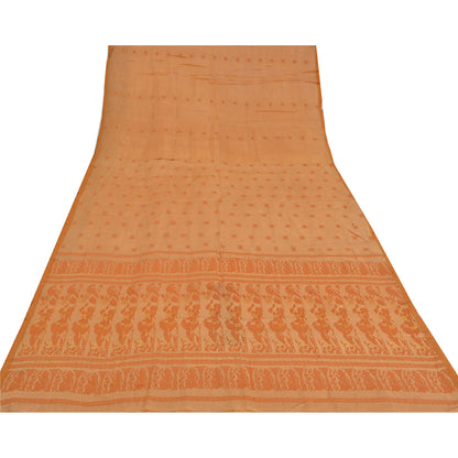 Sanskriti Vintage Peach Sarees Cotton Silk Hand Woven Baluchari Sari 5+YD Fabric