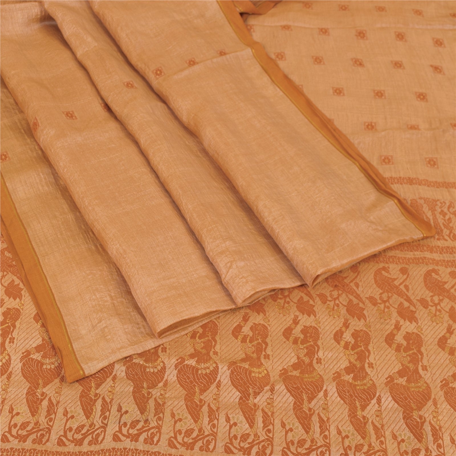 Sanskriti Vintage Peach Sarees Cotton Silk Hand Woven Baluchari Sari 5+YD Fabric
