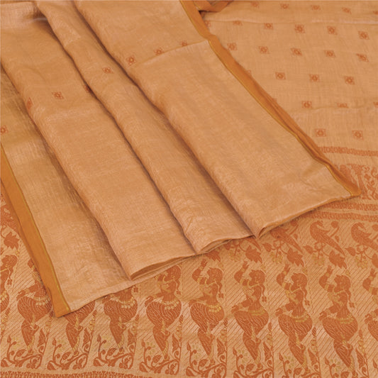 Sanskriti Vintage Peach Sarees Cotton Silk Hand Woven Baluchari Sari 5+YD Fabric
