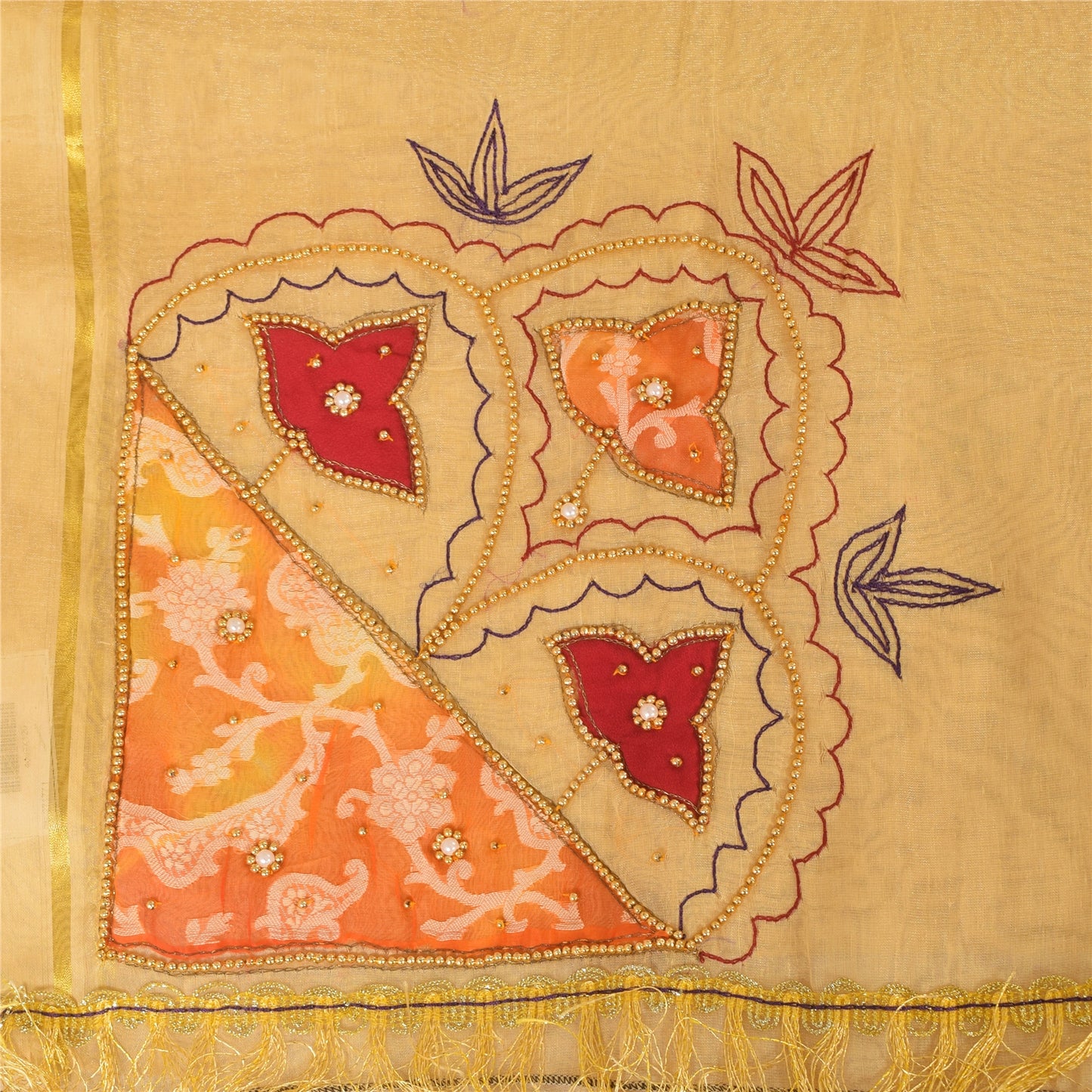 Sanskriti Vintage Indian Cream Sarees Art Silk Hand Beaded Sari 5yd Craft Fabric