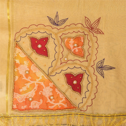 Sanskriti Vintage Indian Cream Sarees Art Silk Hand Beaded Sari 5yd Craft Fabric