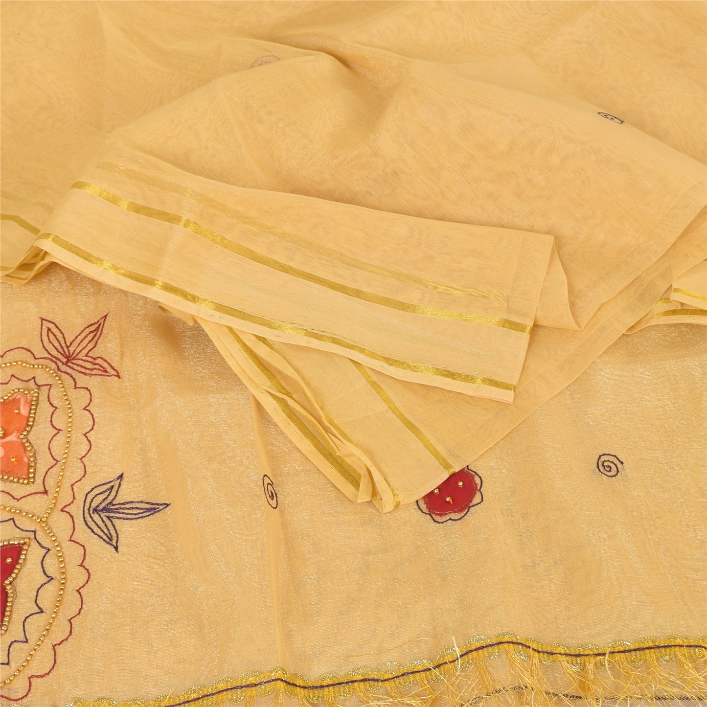 Sanskriti Vintage Indian Cream Sarees Art Silk Hand Beaded Sari 5yd Craft Fabric