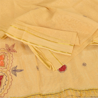 Sanskriti Vintage Indian Cream Sarees Art Silk Hand Beaded Sari 5yd Craft Fabric