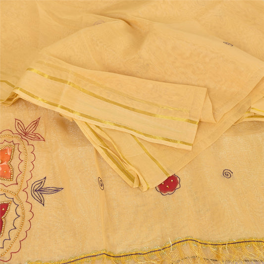 Sanskriti Vintage Indian Cream Sarees Art Silk Hand Beaded Sari 5yd Craft Fabric