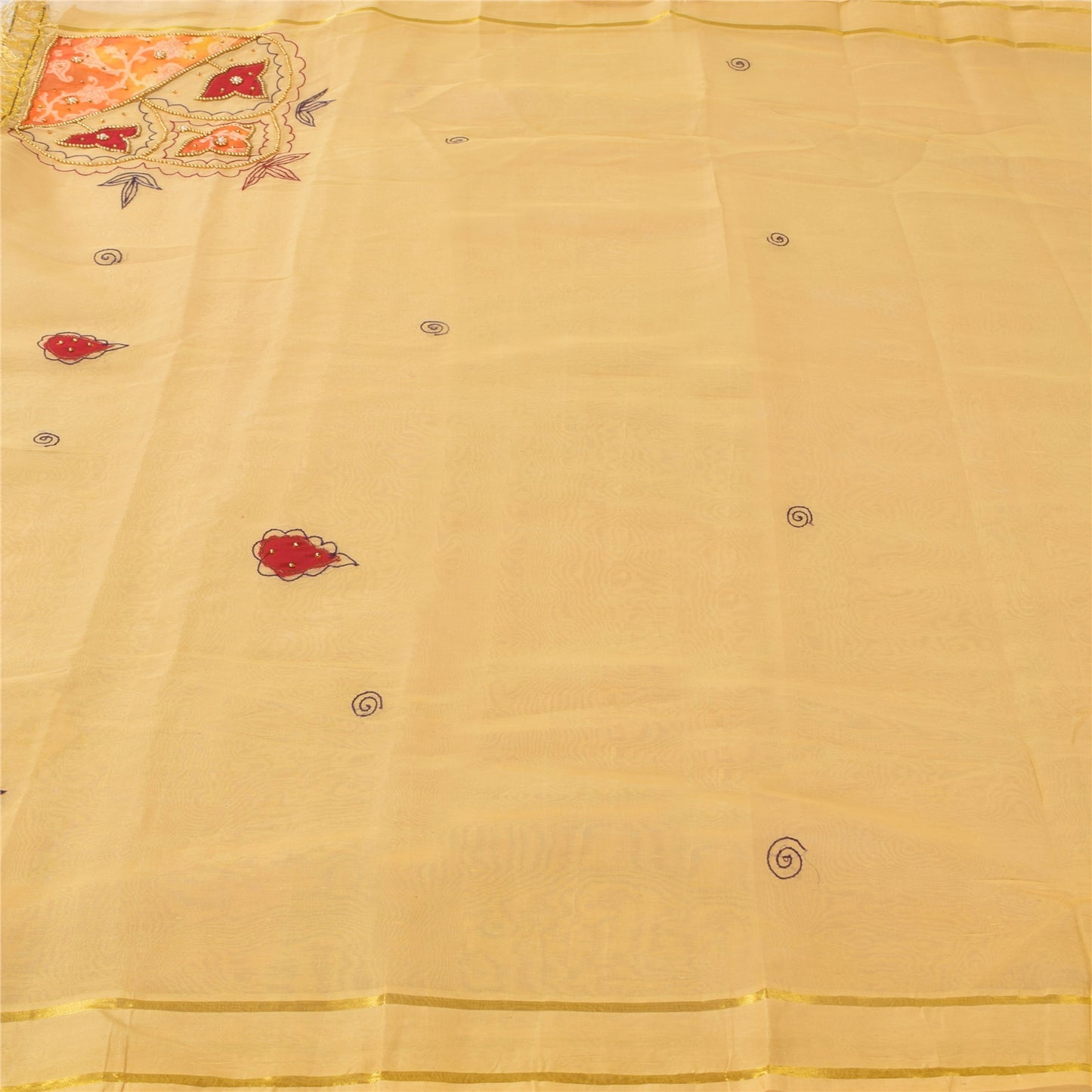 Sanskriti Vintage Indian Cream Sarees Art Silk Hand Beaded Sari 5yd Craft Fabric