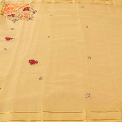 Sanskriti Vintage Indian Cream Sarees Art Silk Hand Beaded Sari 5yd Craft Fabric