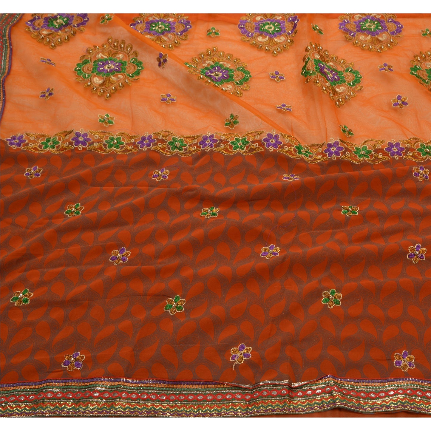 Sanskriti Vintage Orange Sarees Net Mesh Hand Beaded Craft Fabric Sari