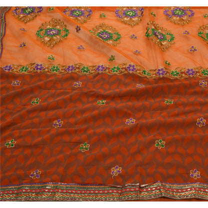Sanskriti Vintage Orange Sarees Net Mesh Hand Beaded Craft Fabric Sari