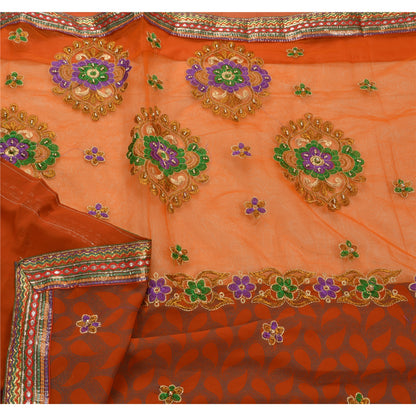 Sanskriti Vintage Orange Sarees Net Mesh Hand Beaded Craft Fabric Sari