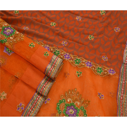 Sanskriti Vintage Orange Sarees Net Mesh Hand Beaded Craft Fabric Sari