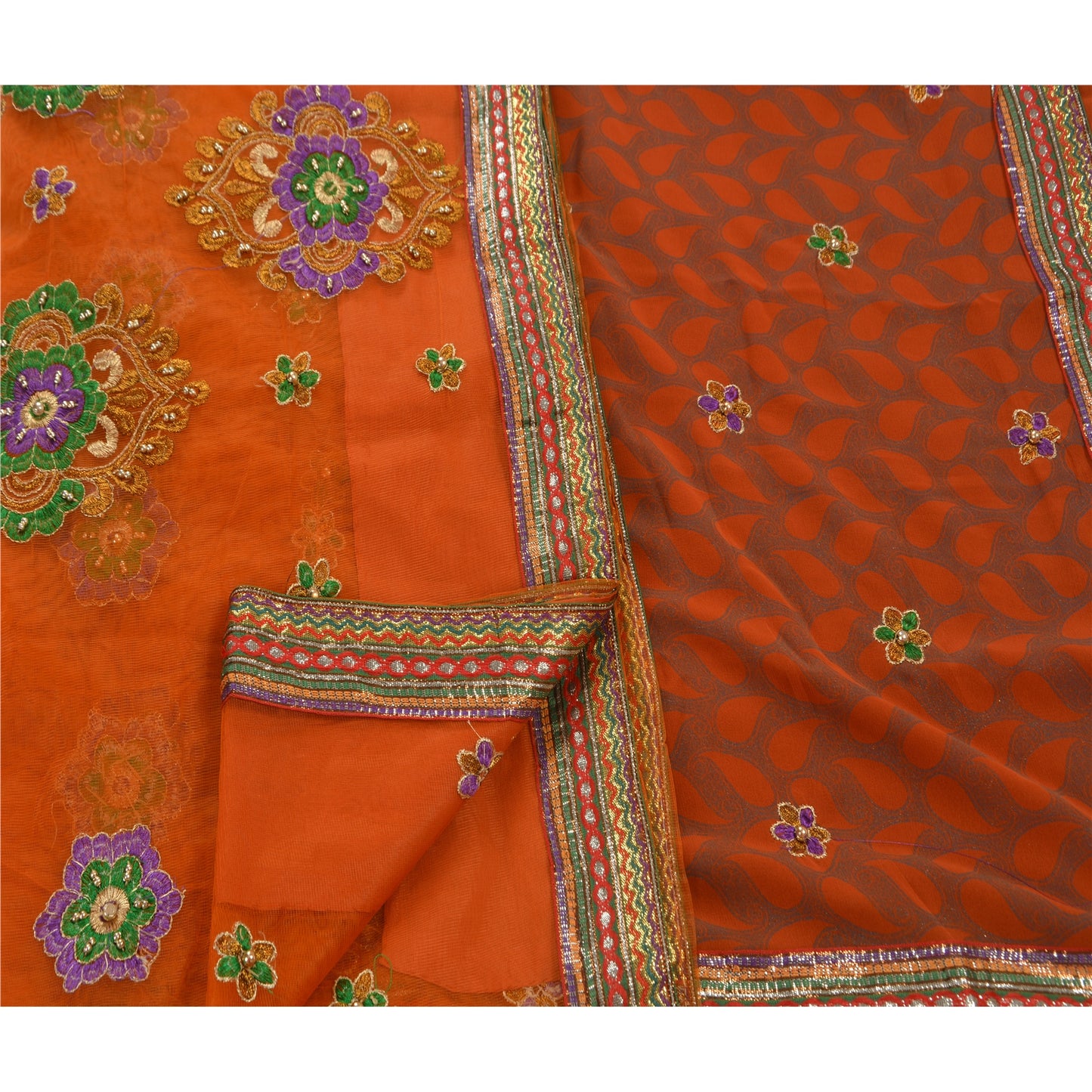 Sanskriti Vintage Orange Sarees Net Mesh Hand Beaded Craft Fabric Sari