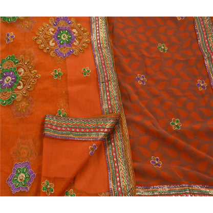 Sanskriti Vintage Orange Sarees Net Mesh Hand Beaded Craft Fabric Sari