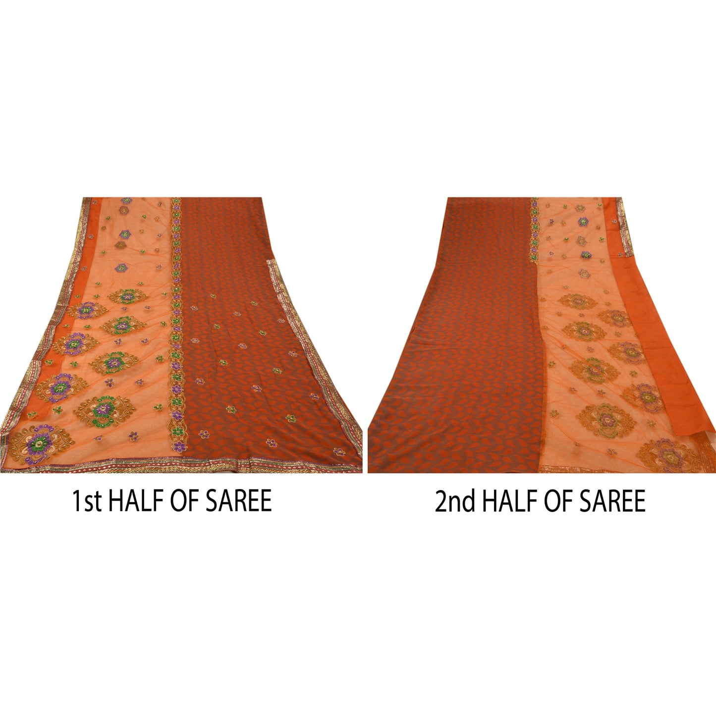 Sanskriti Vintage Orange Sarees Net Mesh Hand Beaded Craft Fabric Sari