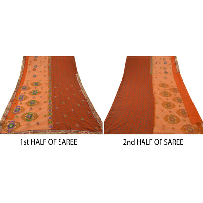 Sanskriti Vintage Orange Sarees Net Mesh Hand Beaded Craft Fabric Sari