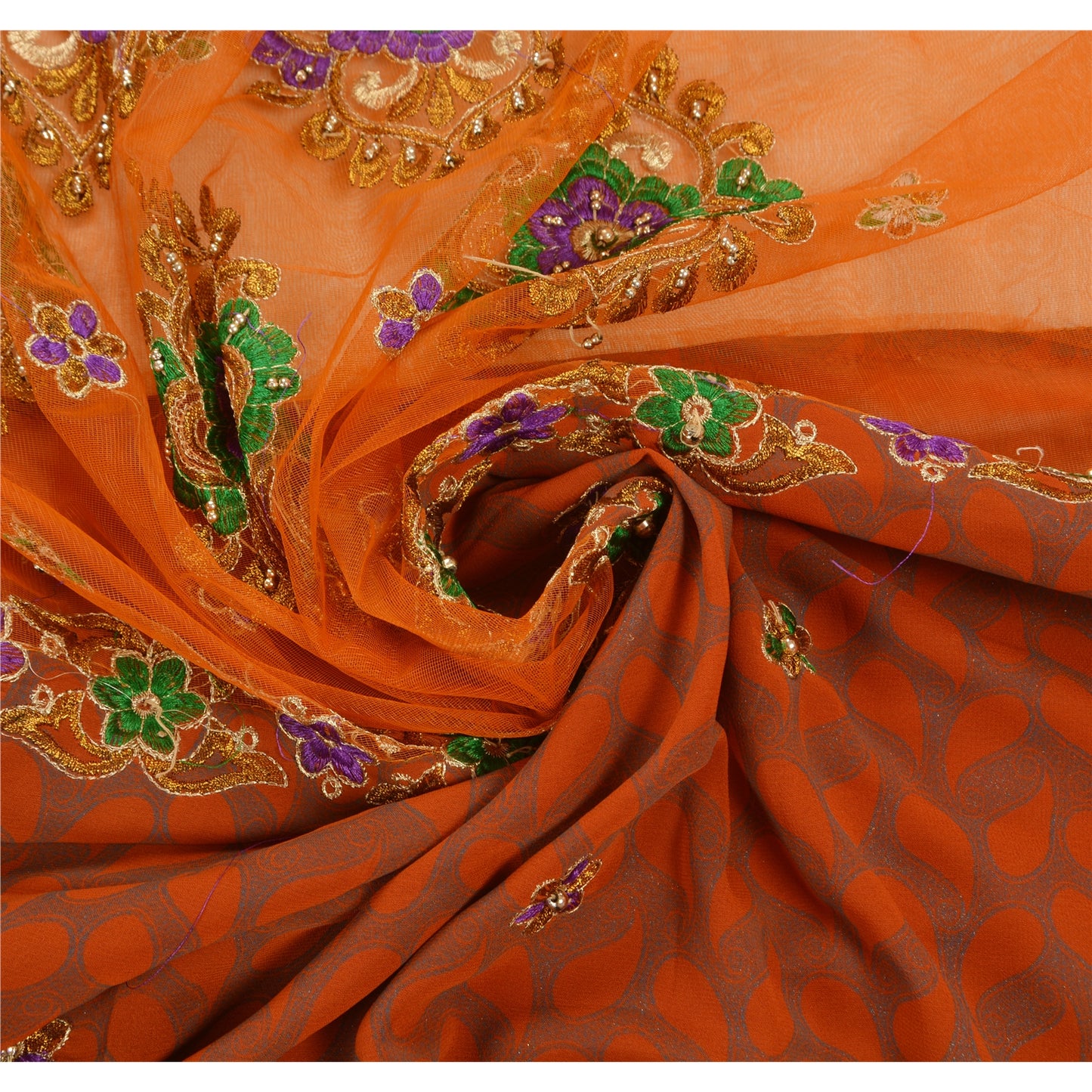 Sanskriti Vintage Orange Sarees Net Mesh Hand Beaded Craft Fabric Sari