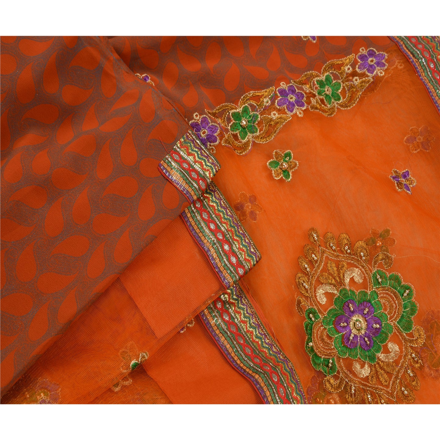 Sanskriti Vintage Orange Sarees Net Mesh Hand Beaded Craft Fabric Sari