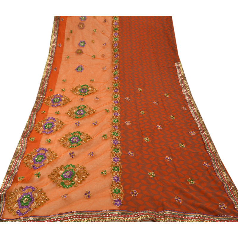 Sanskriti Vintage Orange Sarees Net Mesh Hand Beaded Craft Fabric Sari