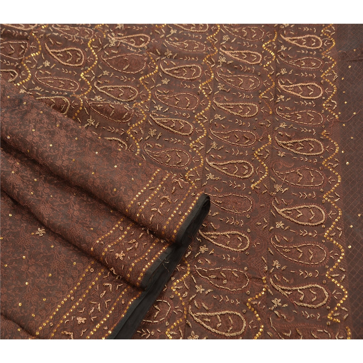 Sanskriti Vintage Brown Saree Art Silk Hand Beaded Woven Craft Fabric Cultural Sari