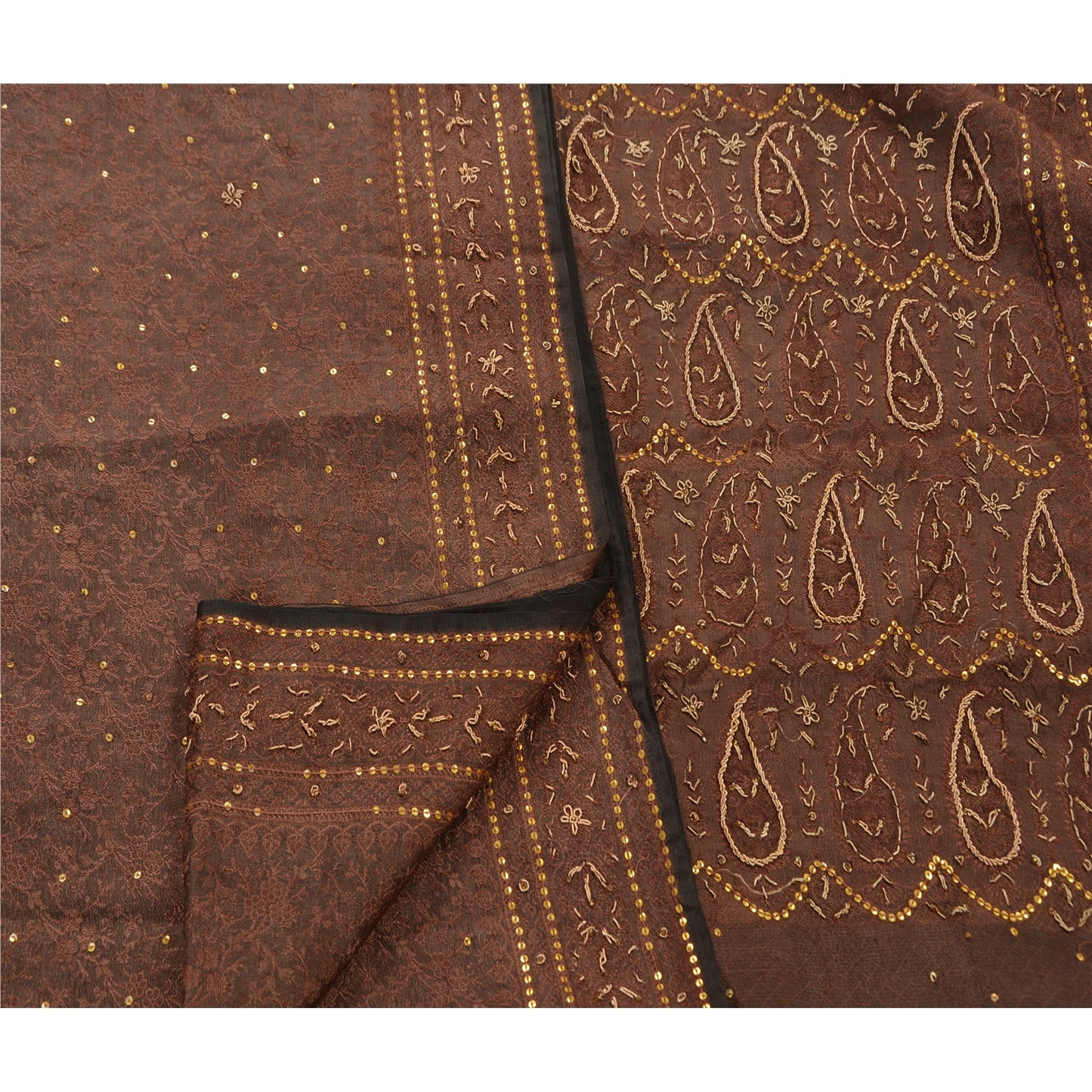 Sanskriti Vintage Brown Saree Art Silk Hand Beaded Woven Craft Fabric Cultural Sari