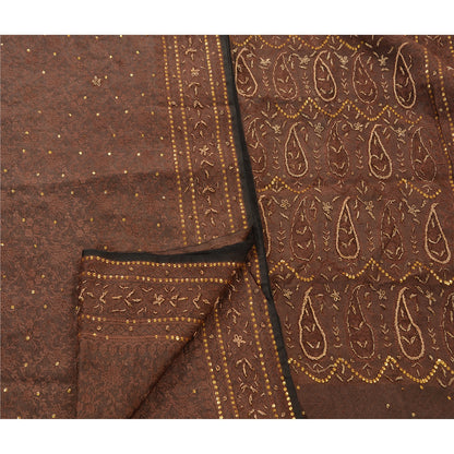 Vintage Brown Saree Art Silk Hand Beaded Woven Craft Fabric Cultural Sari